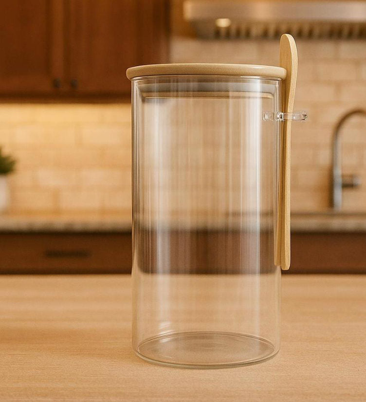 Frasco hermético de vidrio con tapa de bambú y cuchara