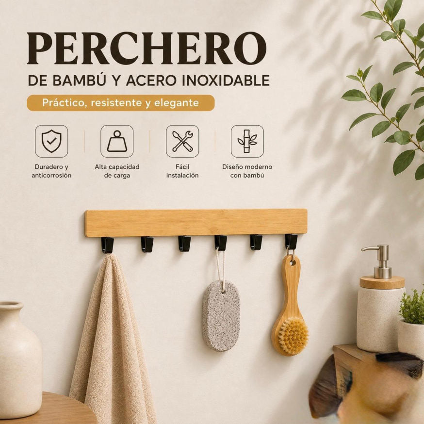 Perchero de bambú y acero inoxidable