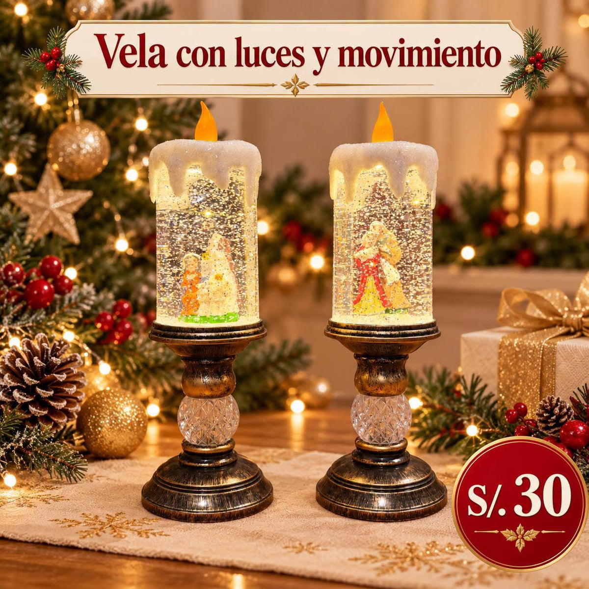 VELA NAVIDEÑA CON LUCES Y MOVIMIENTO