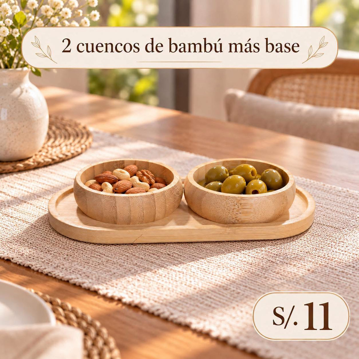 2 cuencos de bambú más base