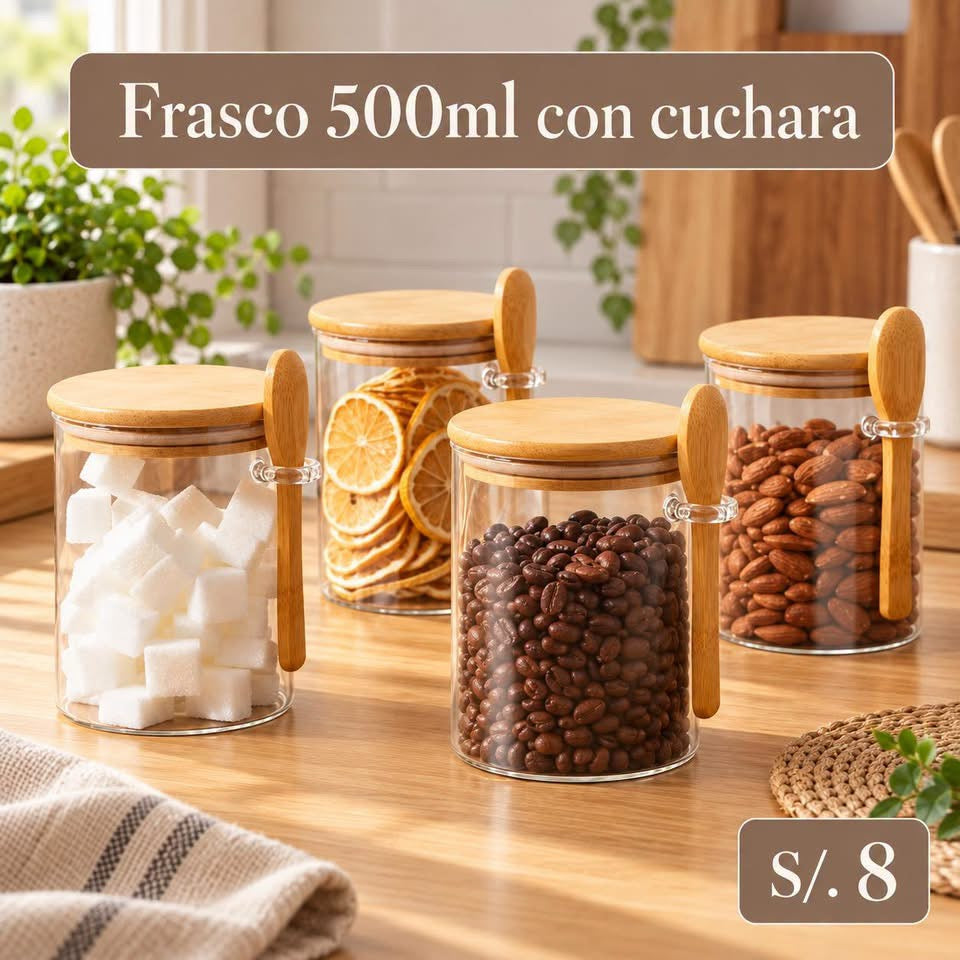 Frasco de vidrio con tapa de bambú