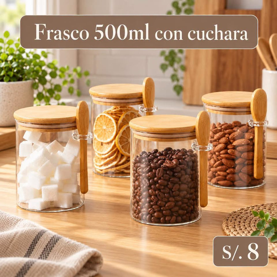 Frasco de vidrio con tapa de bambú
