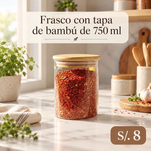 Frasco de vidrio con tapa de bambú