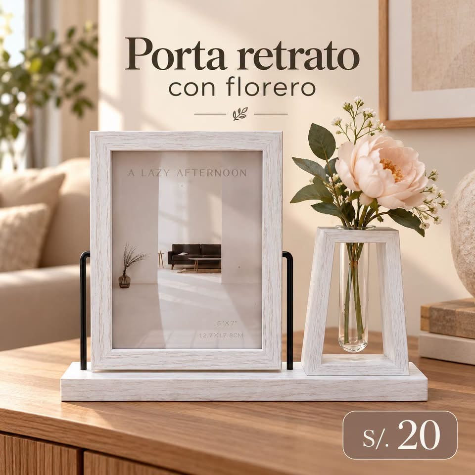 Porta retrato con florero estilo madera
