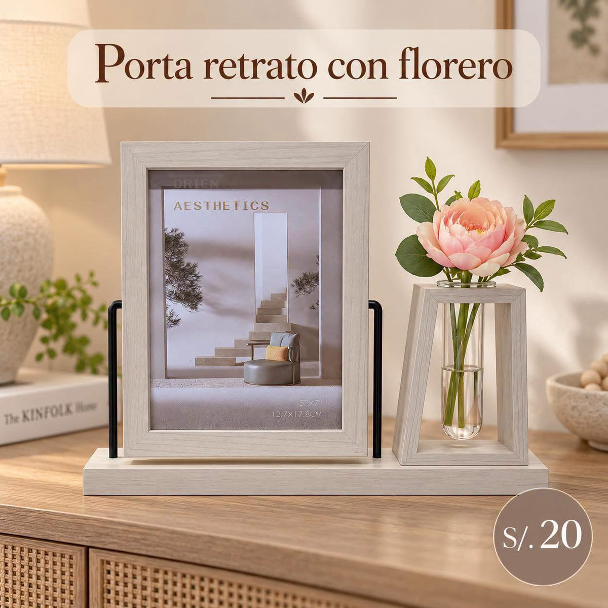 Porta retrato con florero estilo madera