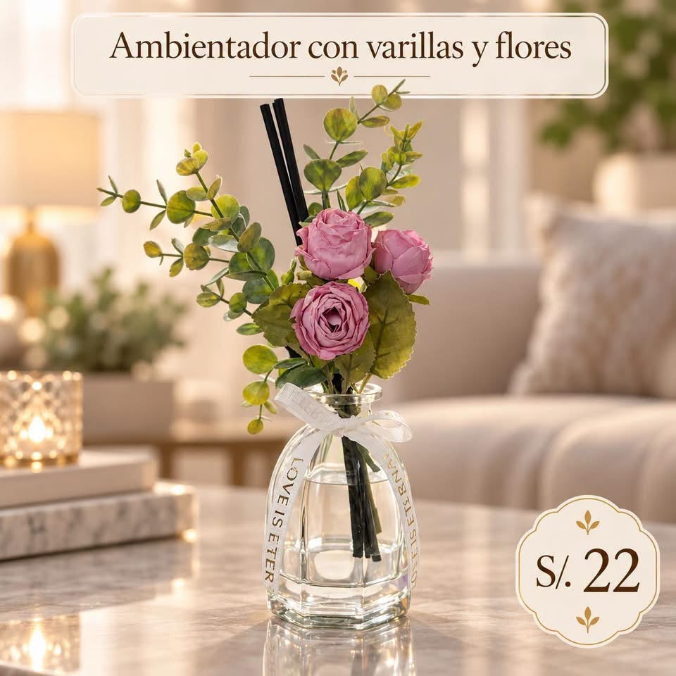 AMBIENTADOR CON VARILLAS Y FLORES