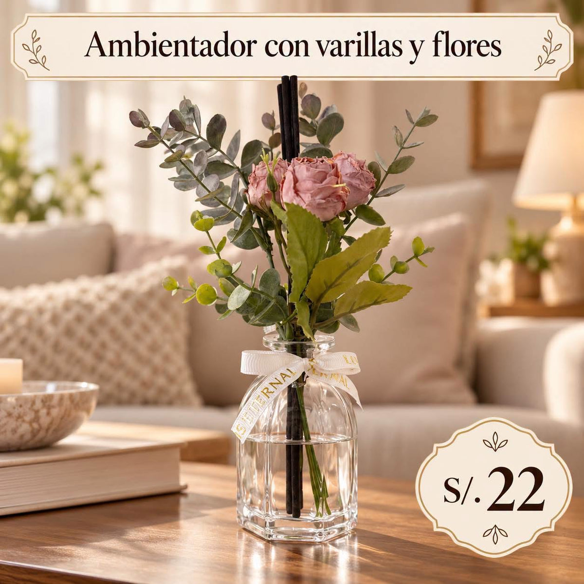 AMBIENTADOR CON VARILLAS Y FLORES